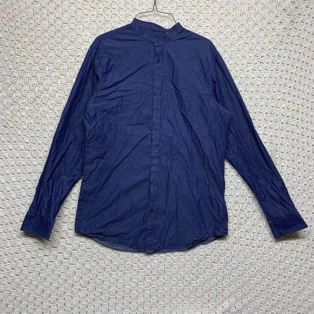 Armani Exchange Shirt Men's Size M Regular Navy‎ Blue Polka Dot Band Collar